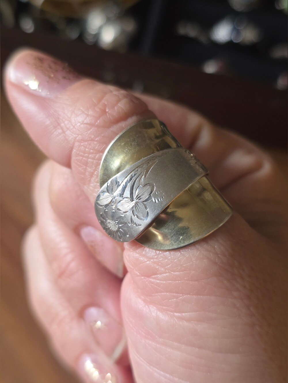 Sterling Silver | Saddle Spoon Ring | Floral | Size 10 | Euc